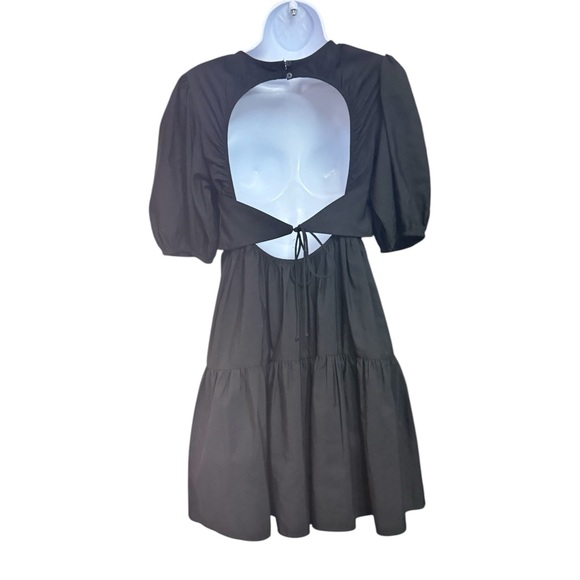 Zara Black Puff Sleeve Tiered Poplin Tie Detail Open Back Mini Dress Size Small - Picture 4 of 7